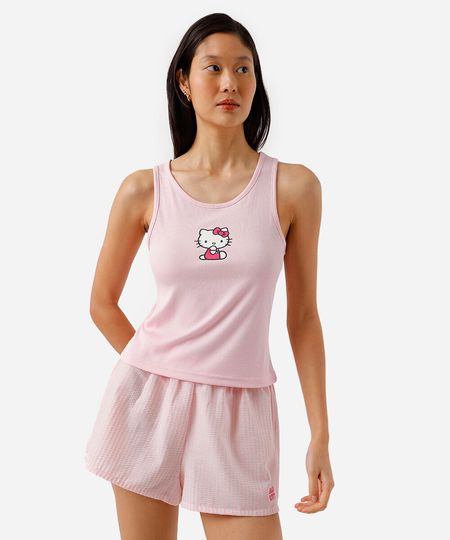 pijama short doll feminino hello kitty listrado rosa P