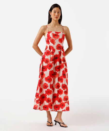 vestido midi alça fina feminino de algodão com pregas floral colorido G vestido midi alça fina feminino de algodão com pregas floral colorido G