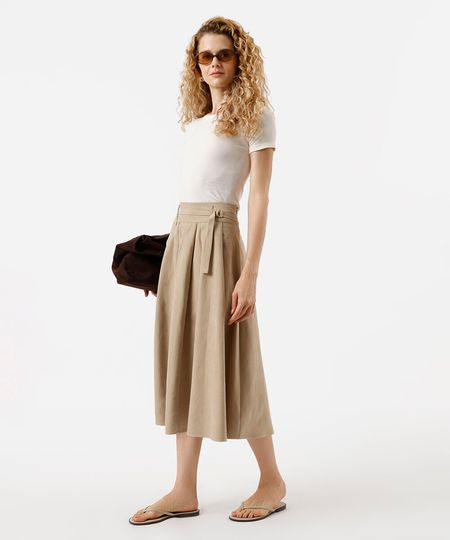 saia midi godê feminina com pregas e cinto bege 34