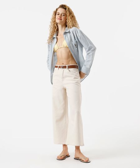 calça wide leg feminina de sarja cropped off white 44