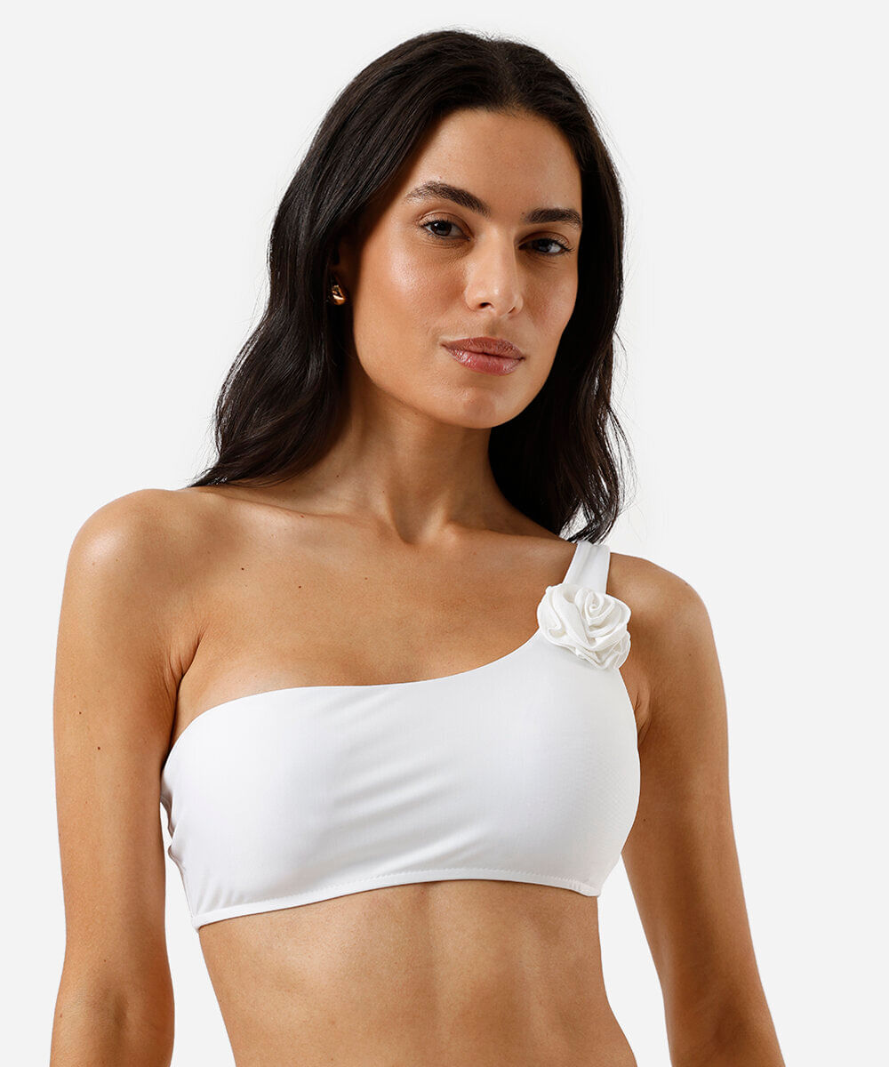 biquÃni top faixa ombro único feminino com flor off white