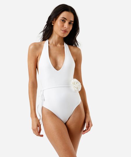 maiô frente única feminino com flor off white P maiô frente única feminino com flor off white P