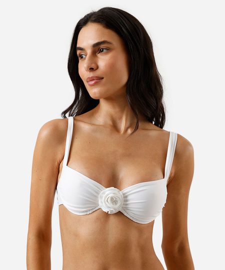biquíni top meia taça feminino franzido com flor off white P biquíni top meia taça feminino franzido com flor off white P