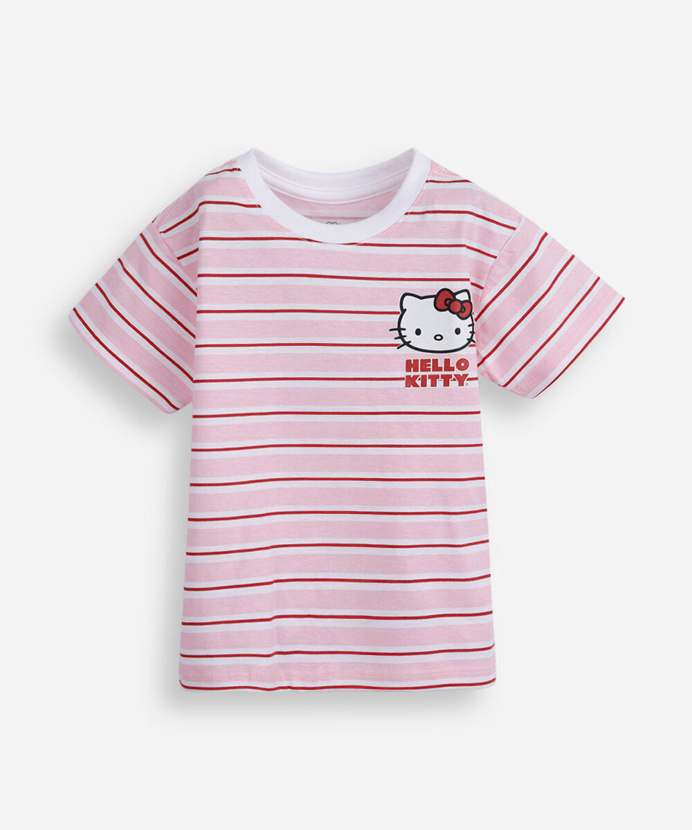 camiseta infantil de algodão hello kitty listrada rosa