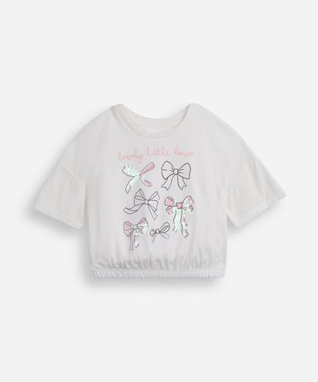 camiseta infantil de algodão com laços e paetês off white 4