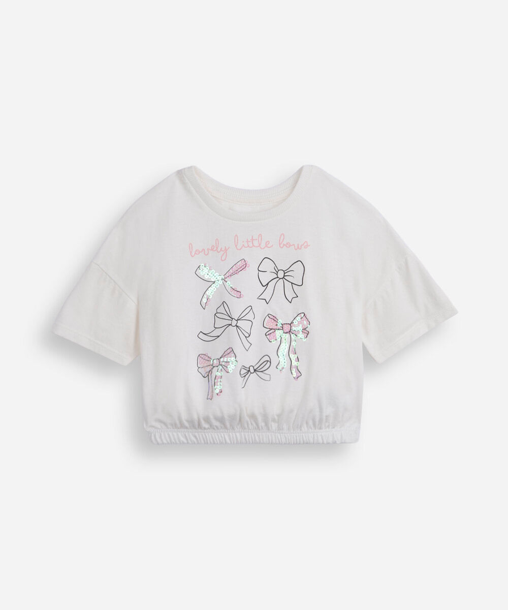 camiseta infantil de algodão com laços e paetês off white