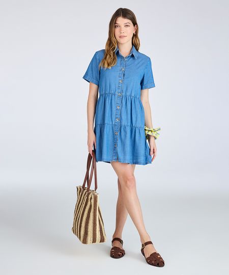 vestido chemise feminino jeans com recortes azul P