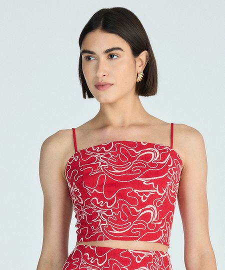 cropped alça fina feminino com linho bordado vermelha P cropped alça fina feminino com linho bordado vermelha P