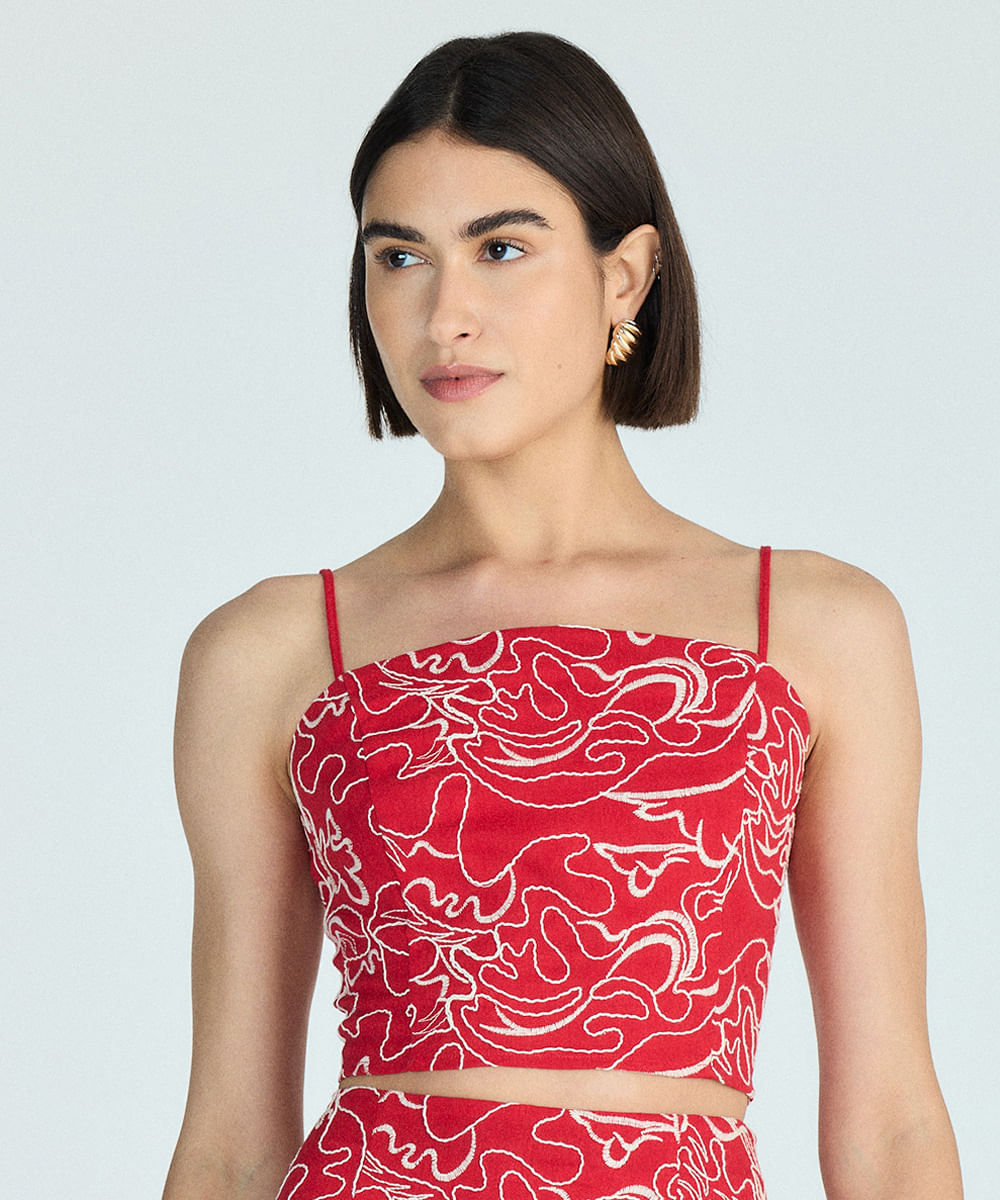 cropped alça fina feminino com linho bordado vermelha