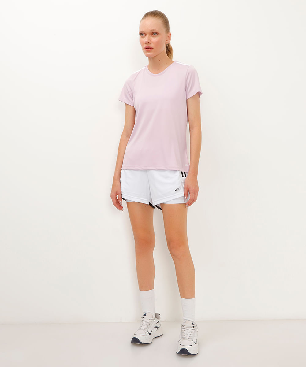camiseta feminina esportiva ace manga curta com listras lilás