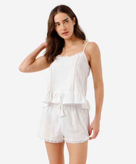 pijama short doll feminino de algodão com babado texturizado off white PP