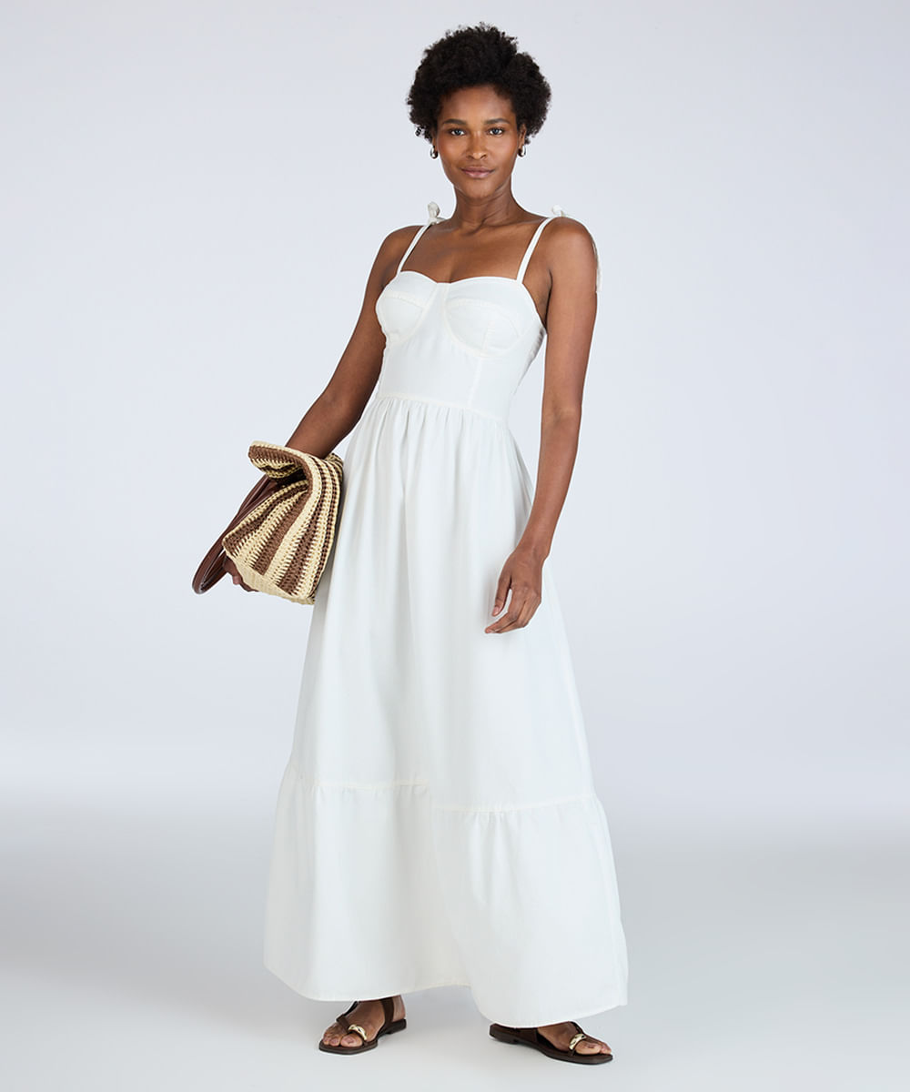 vestido midi de sarja com amarração off white