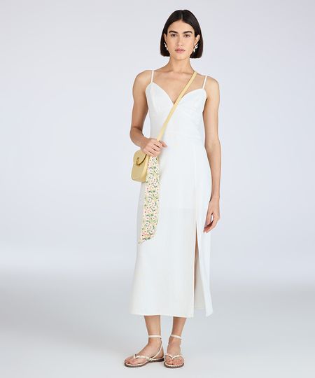 vestido midi com linho alça fina off white PP vestido midi com linho alça fina off white PP