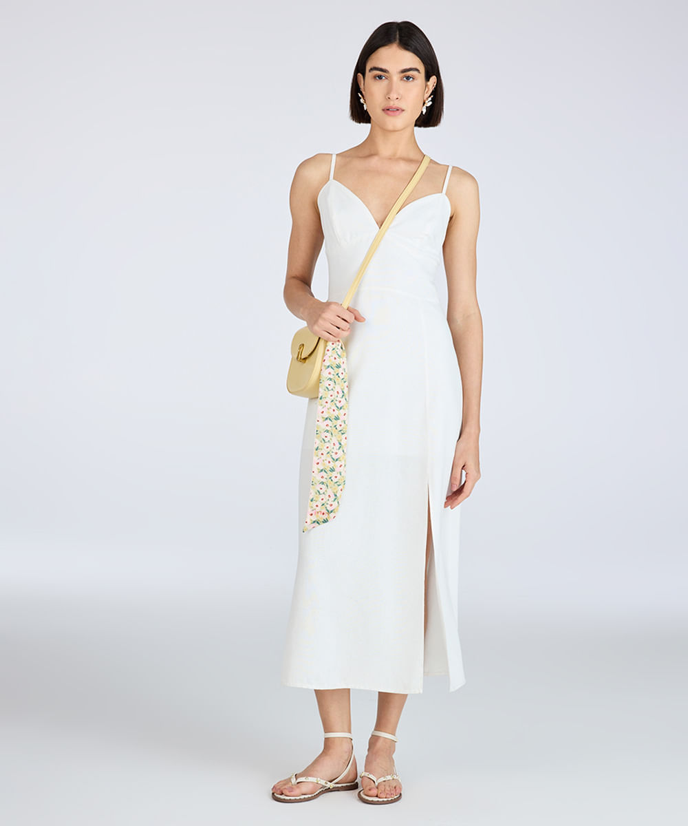 vestido midi com linho alça fina off white
