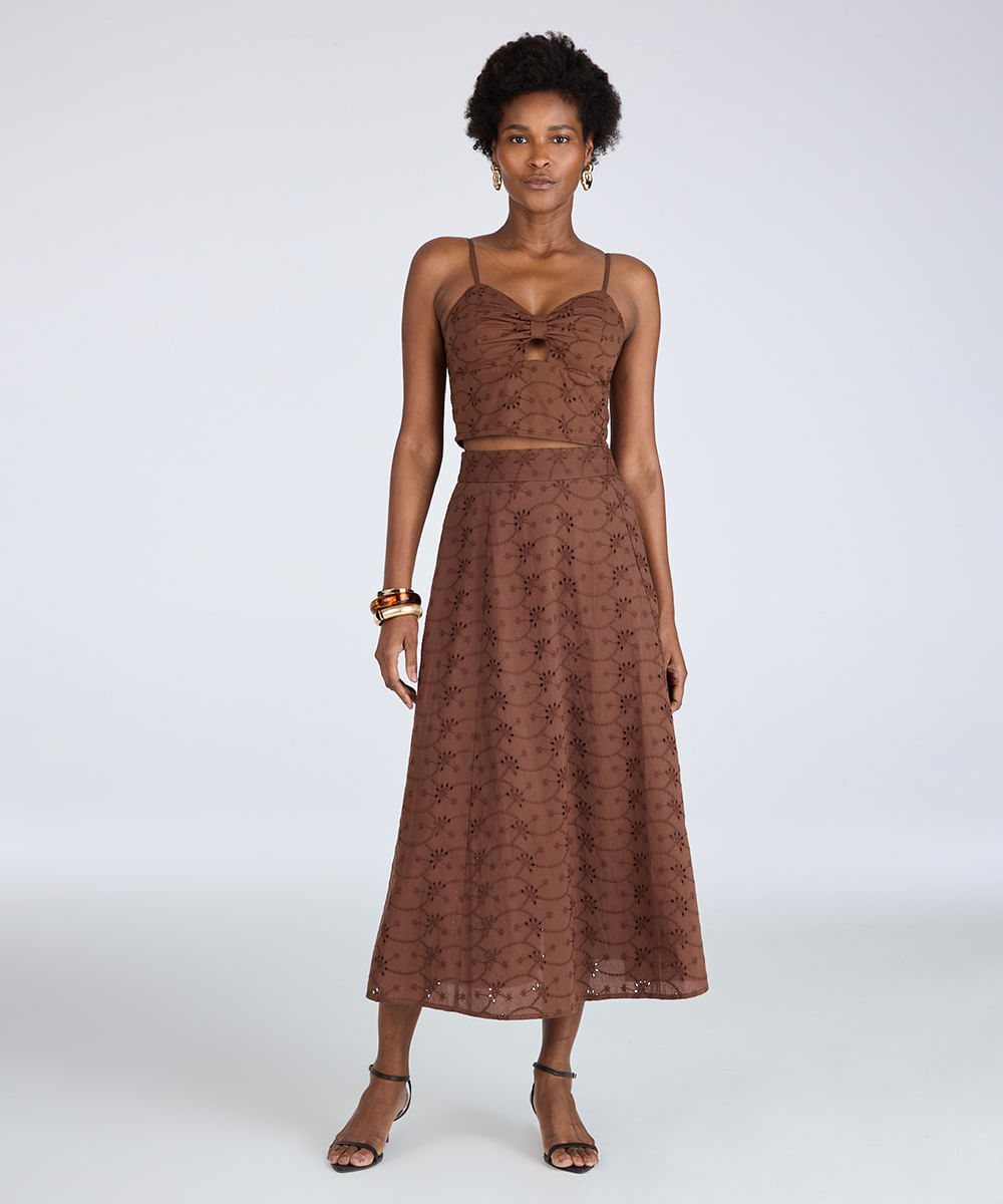 saia midi evasê feminina de laise marrom