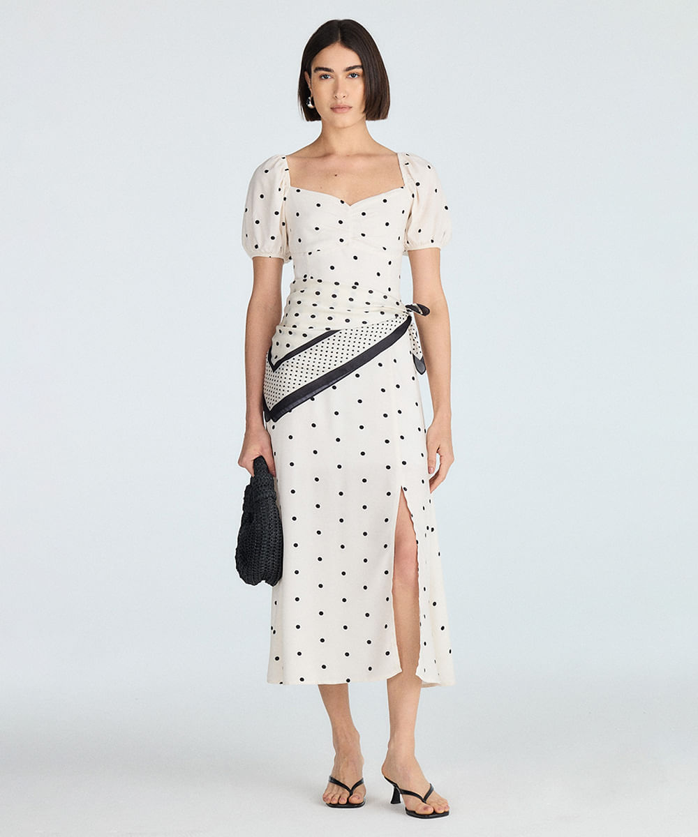vestido longo feminino de viscose poá bege