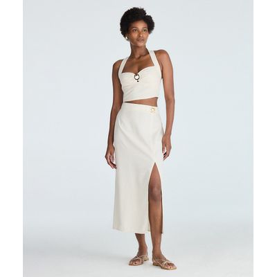 saia midi feminina com fenda e aviamento bege