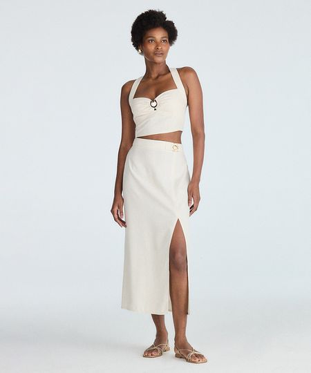 saia midi feminina com fenda e aviamento bege 36 saia midi feminina com fenda e aviamento bege 36