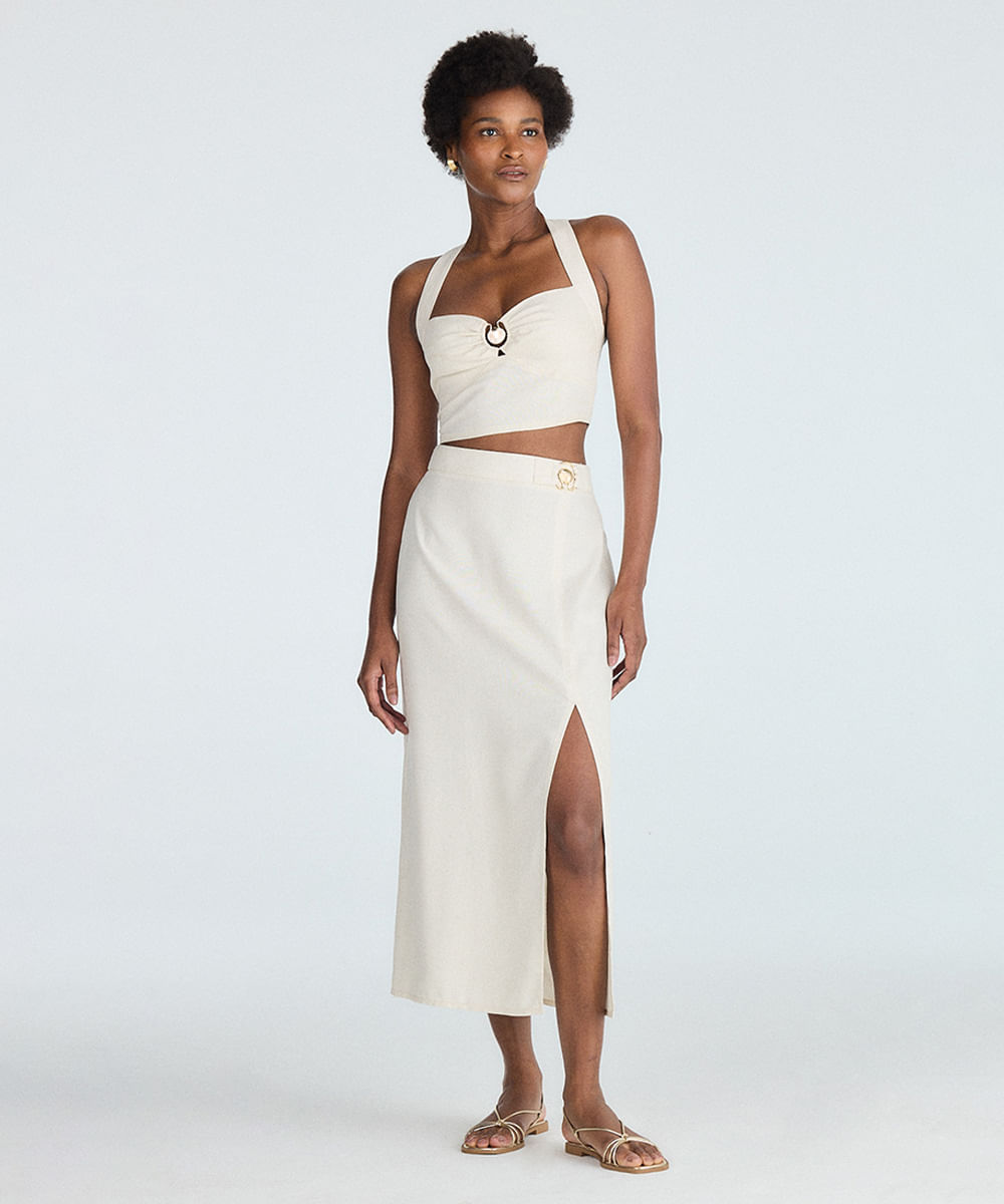 saia midi feminina com fenda e aviamento bege