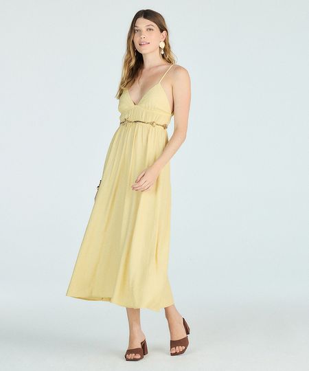 vestido midi feminino de viscose alça fina amarelo PP vestido midi feminino de viscose alça fina amarelo PP