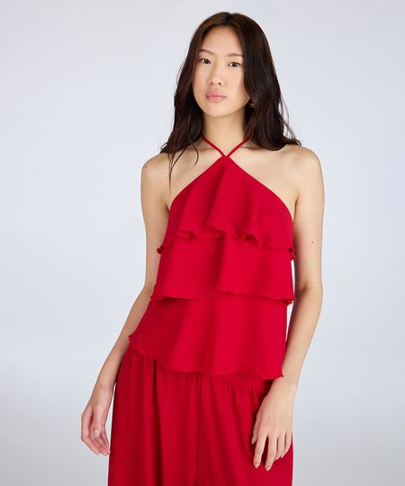 blusa halterneck feminina com babados texturizada vermelha PP blusa halterneck feminina com babados texturizada vermelha PP