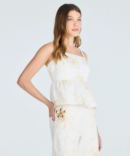 blusa peplum feminina de sarja floral off white PP