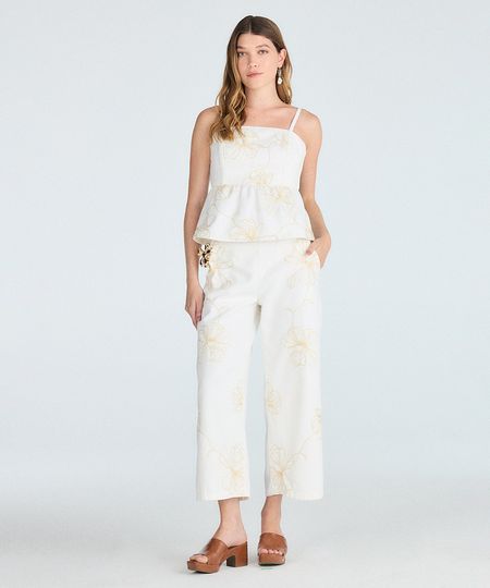 calça wide leg cropped feminina de sarja floral off white 42 calça wide leg cropped feminina de sarja floral off white 42
