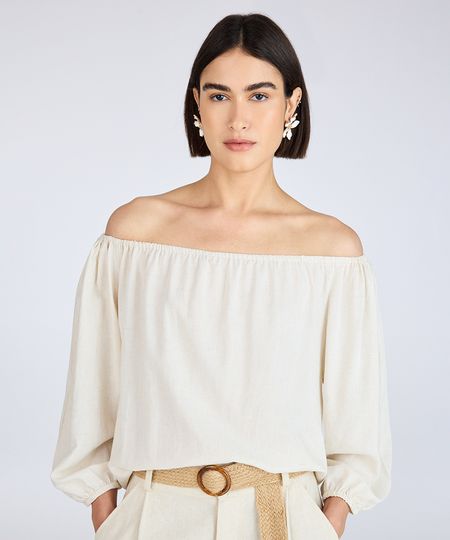 blusa feminina com linho ombro a ombro bege GG blusa feminina com linho ombro a ombro bege GG