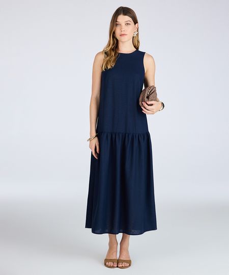 vestido marias feminino com linho decote canoa azul P vestido marias feminino com linho decote canoa azul P