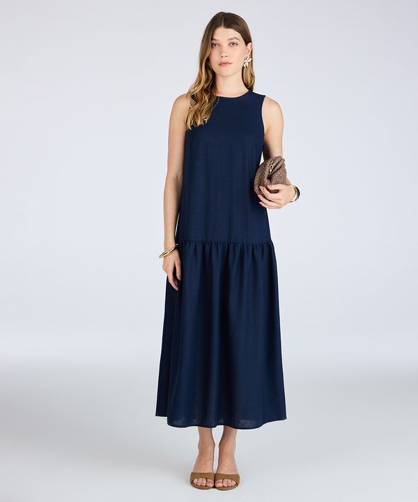 vestido marias feminino com linho decote canoa azul P