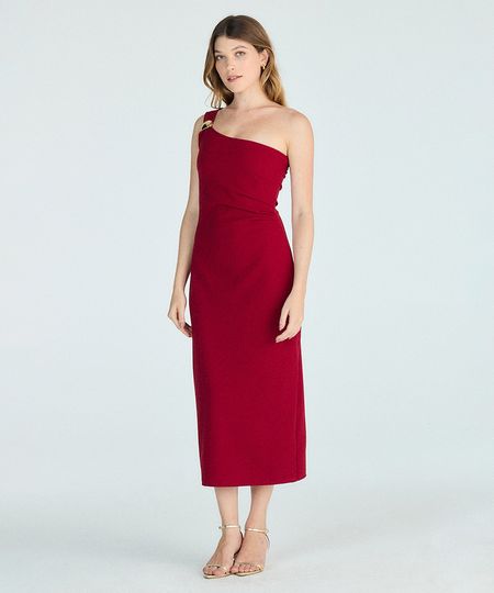 vestido midi feminino ombro único franzido vermelho PP vestido midi feminino ombro único franzido vermelho PP
