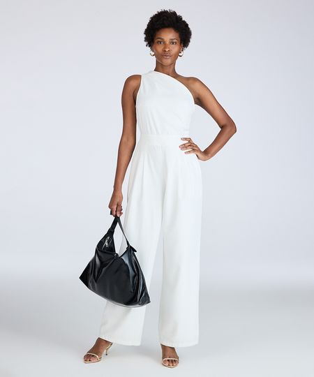 macacão longo feminino de viscose ombro único off white PP macacão longo feminino de viscose ombro único off white PP