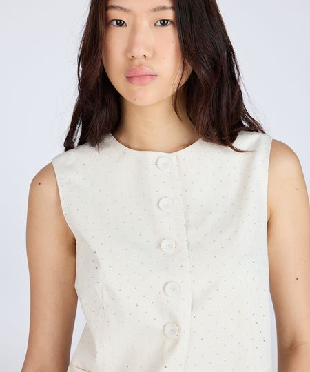 colete feminino de alfaiataria com strass poá bege P colete feminino de alfaiataria com strass poá bege P