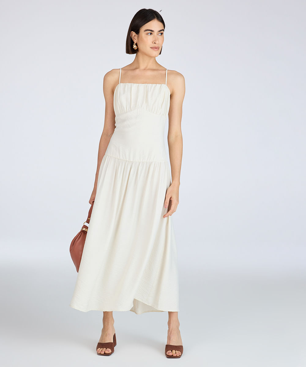 vestido midi feminino alça fina com recorte franzido bege