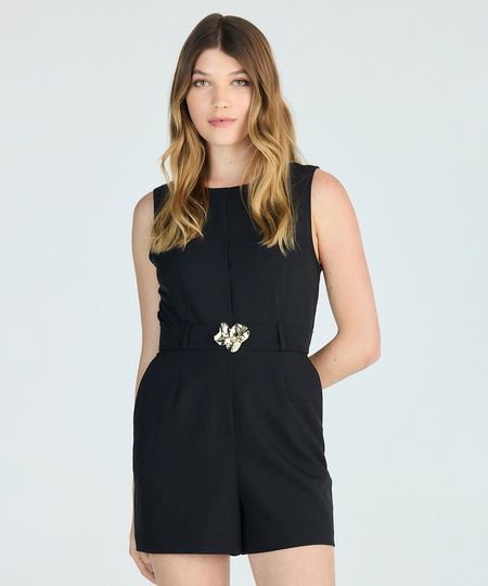 macaquinho feminino de alfaiataria com cinto floral preto P