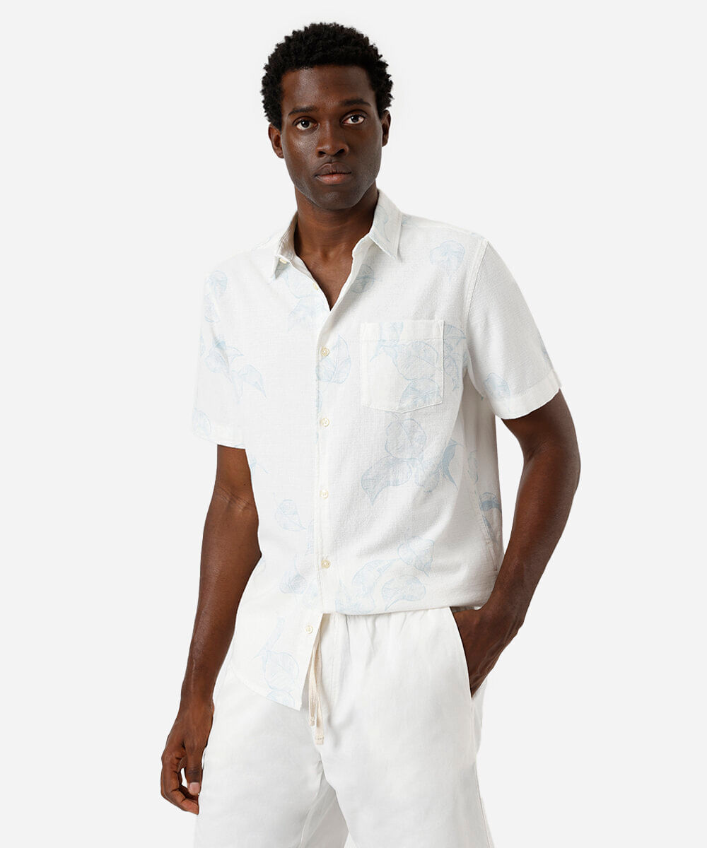camisa masculina de algodão com bolso folhagens colorida