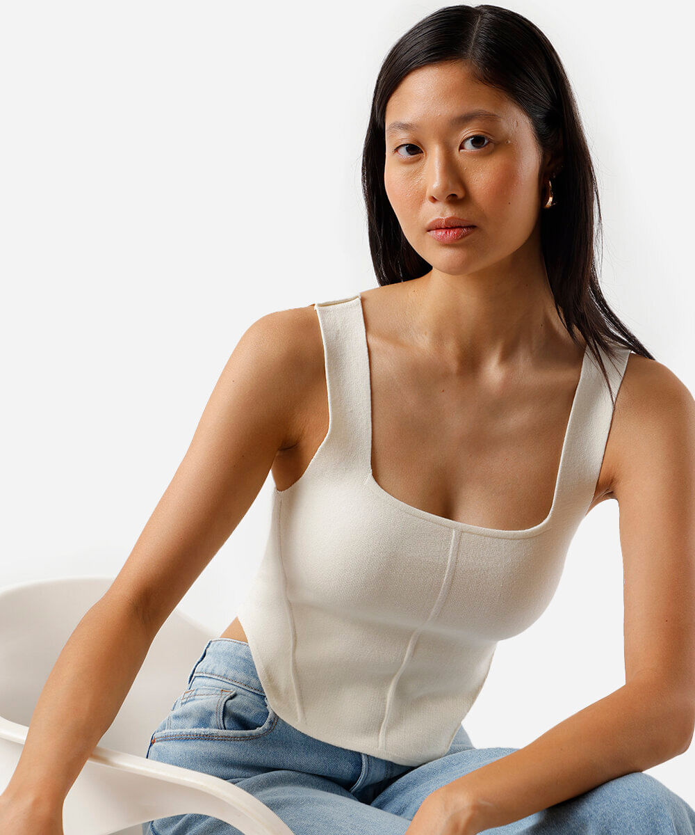 blusa corset feminina de tricot decote quadrado off white