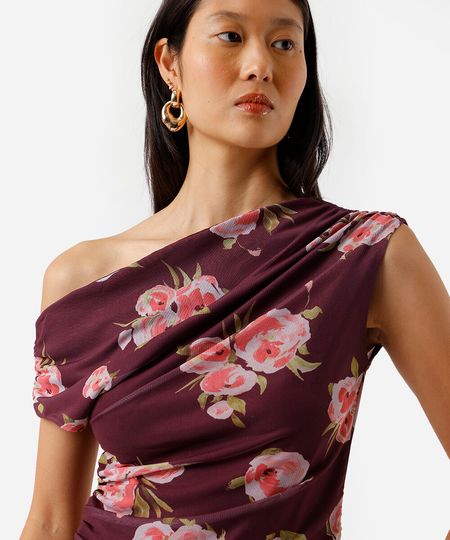 blusa assimétrica feminina de tule floral franzida roxa PP blusa assimétrica feminina de tule floral franzida roxa PP