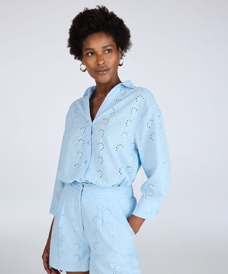 camisa feminina de laise manga longa azul G camisa feminina de laise manga longa azul G