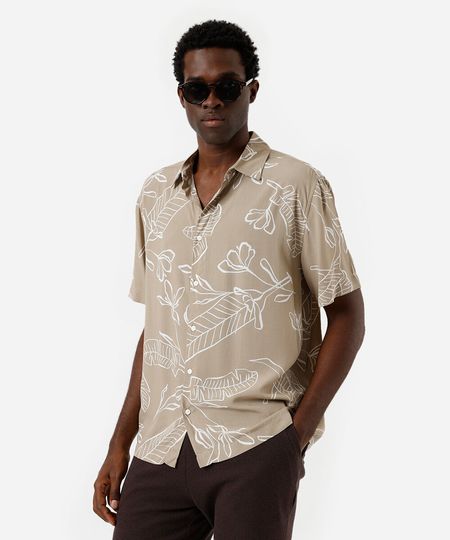 camisa masculina de viscose folhagens bege M camisa masculina de viscose folhagens bege M