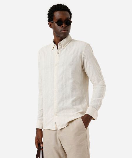 camisa masculina com linho manga longa texturizada bege GG camisa masculina com linho manga longa texturizada bege GG