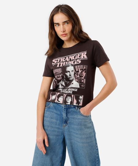 camiseta feminina de algodão stranger things marrom M camiseta feminina de algodão stranger things marrom M