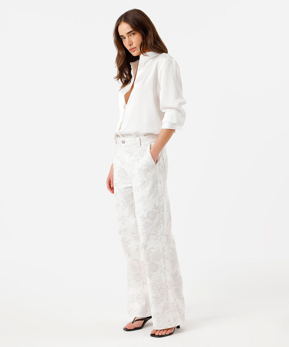 calça wide leg feminina de sarja floral off white