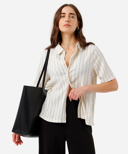camisa feminina manga curta texturizada listrada básica bege PP