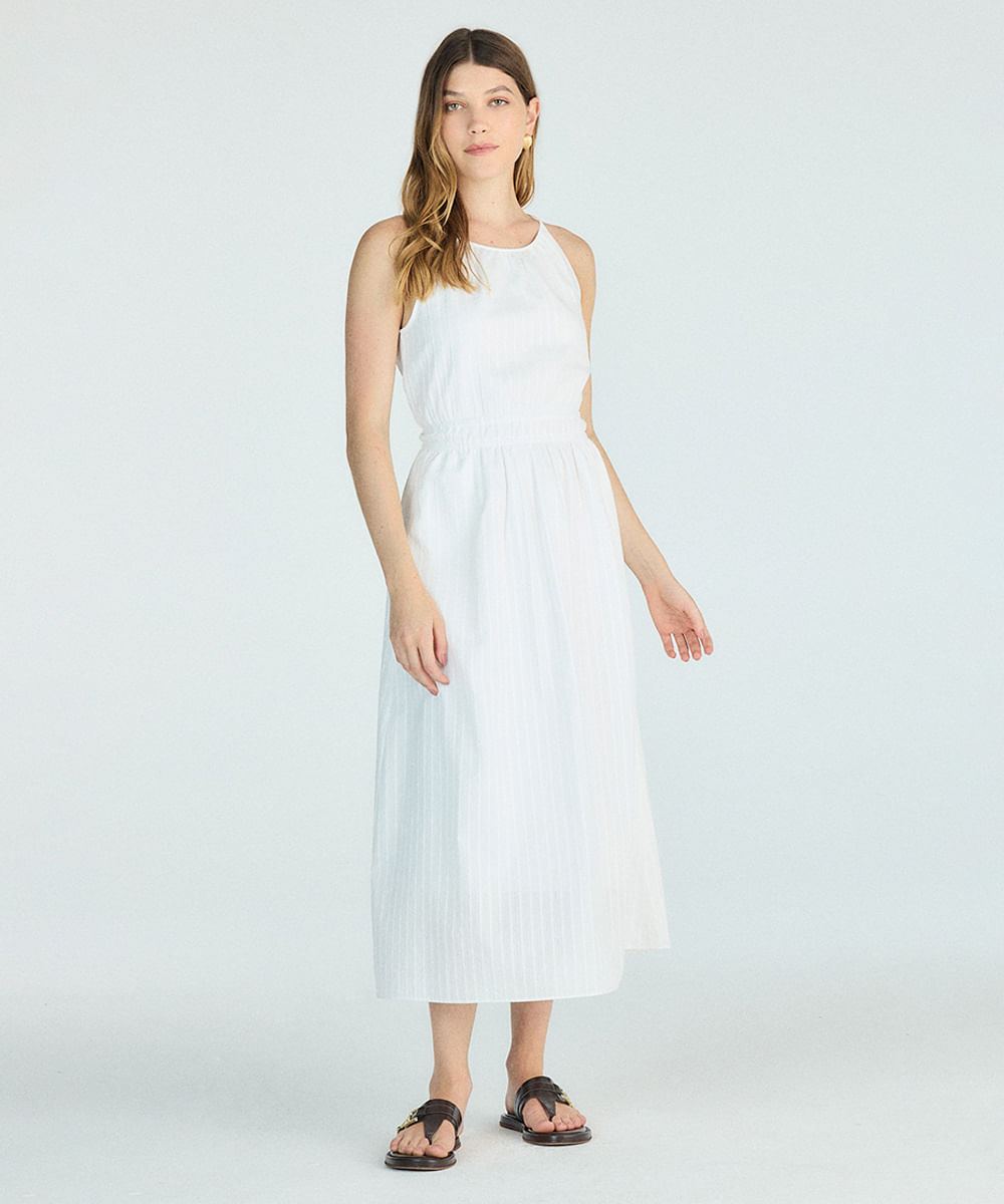 vestido halterneck feminino de algodão texturizado off white