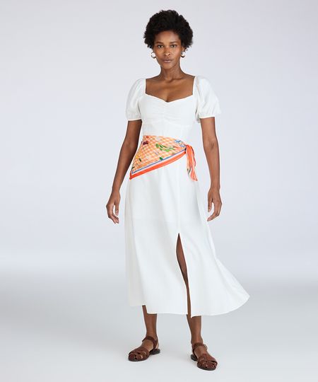 vestido midi feminino com linho decote coração manga bufante off white G