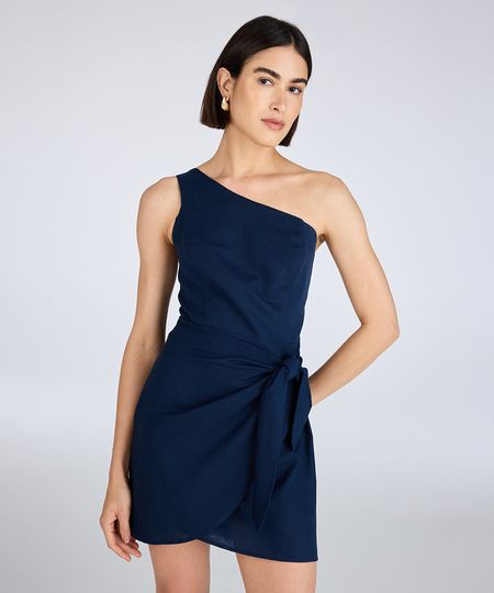 vestido curto feminino com linho ombro único azul M