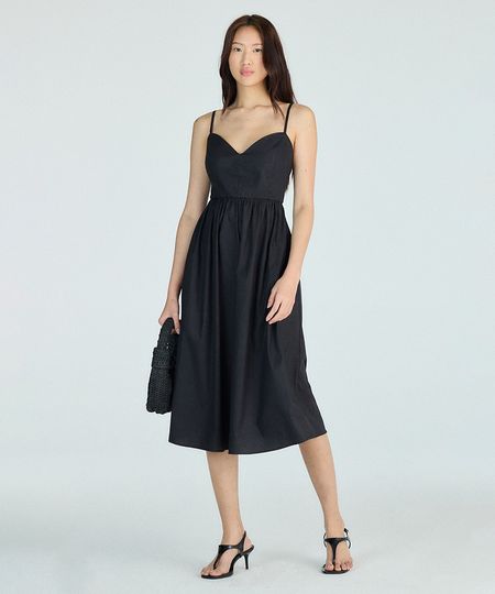 vestido midi alça fina feminino com algodão decote coração preto M