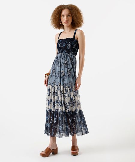 vestido midi feminino de tule com alças finas floral - azul claro M vestido midi feminino de tule com alças finas floral - azul claro M