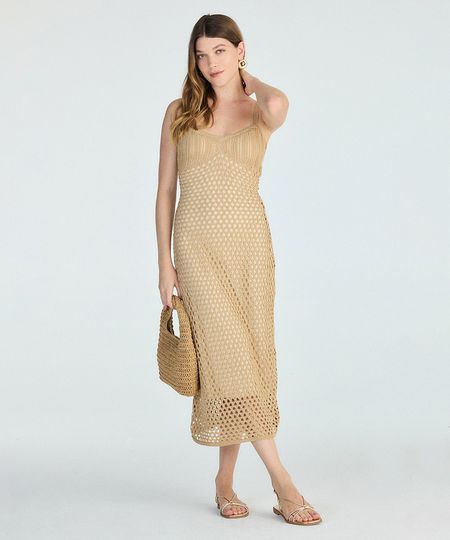 vestido midi feminino de tricot texturizado bege M vestido midi feminino de tricot texturizado bege M